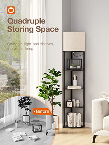 Addlon 4-Tier Sector Corner Shelf Floor Lamp With 3 Color Temperatures Led Bulb And White Display Lamp Shade With Shelves For Living Room, Bedroom And Office - Black #TOP3