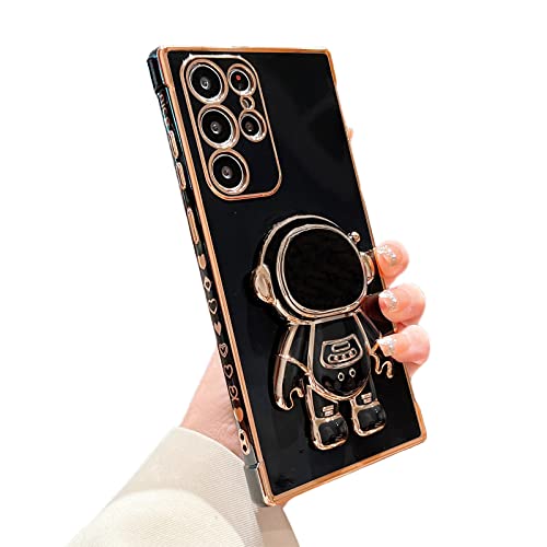 phylla Phone Case for Samsung Galaxy S25 Ultra 5G 6.8",Luxury Plating Astronaut Stand Holder Case with Cute Love Heart Side Small Pattern Soft Silicone Shockproof Kickstand Cover Bumper (Black)