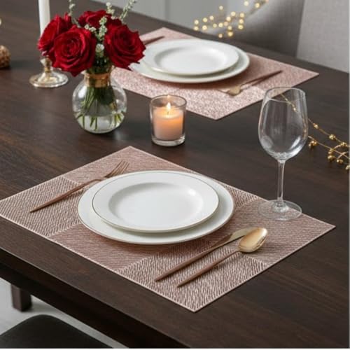 Image of HomeCloud Rectangular Waterproof Dining Table Placemats | Strong & Easy-Clean Table Mat for Dining, Center & Bedside Table | Protects from Spills, Heat & Scratches (Six Boxes Rosegold, Set of 2)