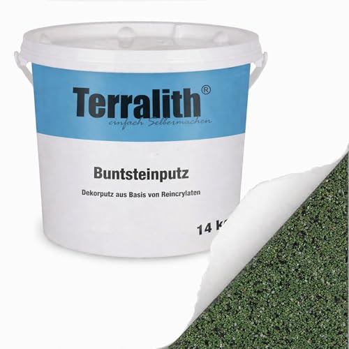 Terralith Buntsteinputz 14kg in grün, Sockelputz für Innen und Außen mit Reinacrylat Bindemittel aus Naturstein, 1-2mm Körnung (BSP35)