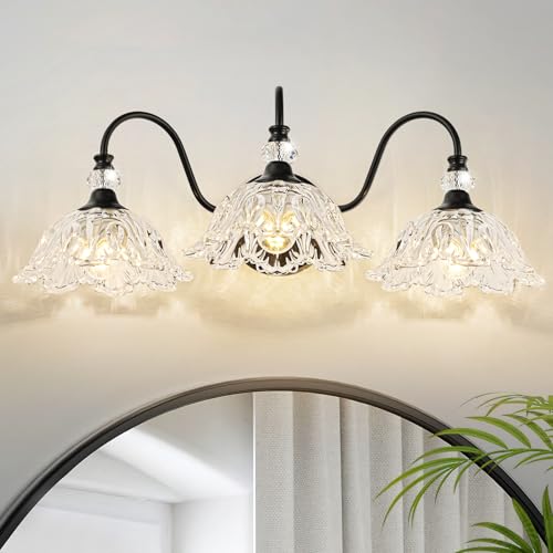 sunkryster Badezimmer-Kosmetikleuchte, 3-flammig, mit Kristallglas-Schirmen, Vintage-Bauernhaus-Beleuchtung für Badezimmer und Schminktisch, Schwarz