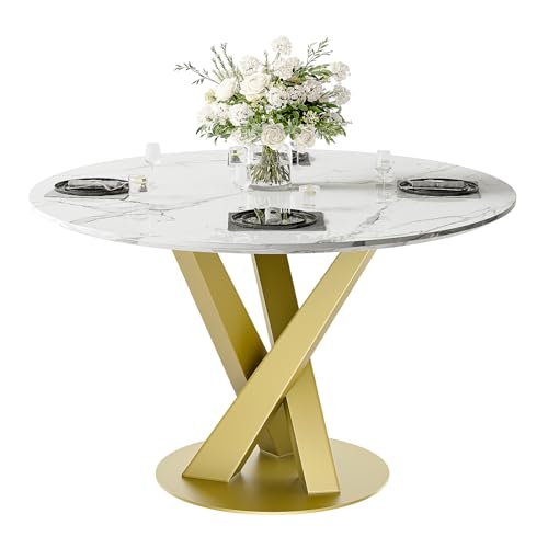 47” Round Dining Table With Gold Pedestal Base