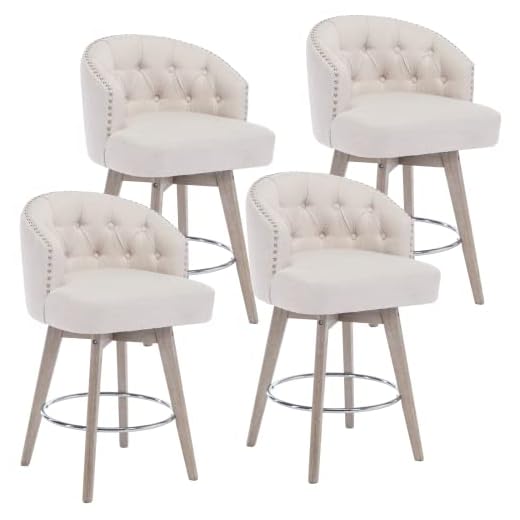 LukeAlon Linen Swivel Counter Stools Set of 4, Upholstered 27" Seat Height Low Barstools with Wood Legs Classic Button Tufted Back Counter Heighth Bar Chairs with Rivet for Kitchen Dining Room, Beige