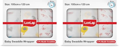 Image of LuvLap 100% Cotton Muslin Baby Swaddle Set, Baby Towel, Size-120cm x 100cm (47 inchx39 inch), Hearts Birds Printed on White, 0-18 Month+, Printed Mulmul Muslin Swaddle Wrap for New Born, Pack of 6