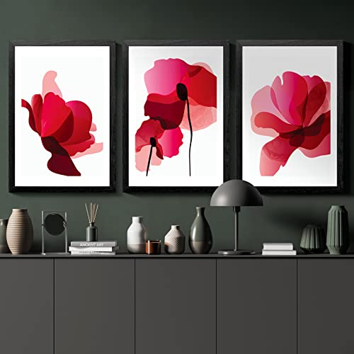Framed Canvas Wall Art For Living Room Bathroom Bedroom Office, 3 Pieces Abstract Red Flower Wall Decor Watercolor Botanical Floral Wall Art Set #TOP3