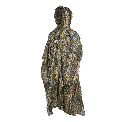 MostaShow Ghillie Suit, 3D Leafy Poncho, Woodland Camo Hooded Jacket, Lightweight Camouflage Clothing Gilly Suit for Jungle Hunting, Shooting, Bird Watch, or Halloween (Color 1)