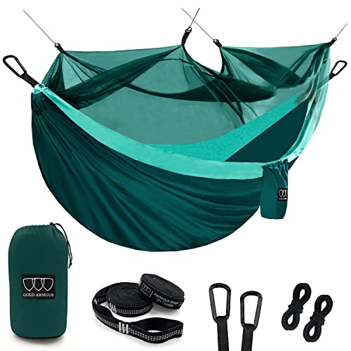 Gold Armour Camping Hammock - Camping Essentials, Double Hammock with Bug Net, Camping Gear Hammock for Outside, Hiking, and Travel (Turquoise & Seafoam)