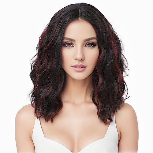 Yamel Wavy Bob Wig Natural Wig Lowlight Synthetic Hair Shoulder Length Short 14 Inch Curly Middle Part Lace Front Wigs for Women