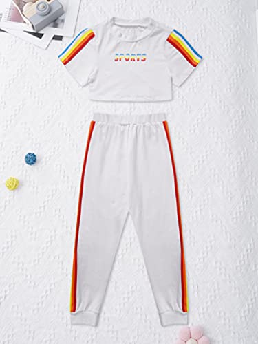 Renvena Kid Girl Athletic Activewear 2Pcs T-Shirt With Lounge Pants Gymnastic Hip Hop Dance Tracksuit White 12 #TOP3