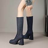 Lizoleor Fashion Square Toe Platform Block Heel Women Denim Boots Side Zipper Wide Fit High Heel Concise Soild Color Darkblue-DL Size 4 UK/37 - Image 5