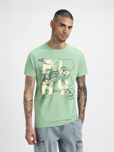 Image of Veirdo Regular Fit Half Sleeves Round Neck Typographic Printed Pure Cotton T-Shirt for Men (Available Colors: Black, Navy, Swan White, & White) (Sizes: S to 2XL)