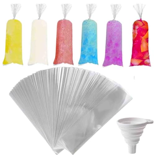 250 Pcs Disposable Ice Lolly Molds – Plastic Freeze Pop Bags with Silicone Funnel for Homemade Yogurt and Candy (2 x 12 Inch)