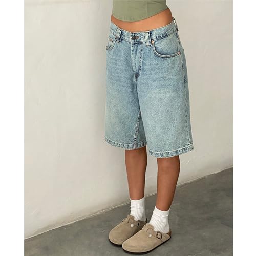 NUFIWI Women Baggy Denim Bermuda Shorts Y2k Vintage Straight Leg Denim Shorts Casual Knee Length Jean Jorts with Pockets(Denim Light Blue,S)