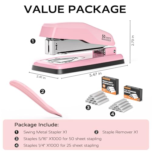 Marsrock Desktop Stapler, Swing-Arm Swivel Stapler, 50 Sheet Capacity, 2000 Staples and Staple Remover, Rotatable Heavy Duty Staplers for Office, Home, Classroom, Booklet, Book Binding,Pink - Image 5