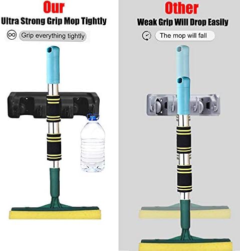 Broom Mop Holder, Heavy Duty Wall Mounted Mop Clip Hangers Broom Storage Tidy Organizer with 3 Racks 4 Retractable Hooks Holds up to 7 Tools Perfect for Brush Kitchen Bathroom Office Garden