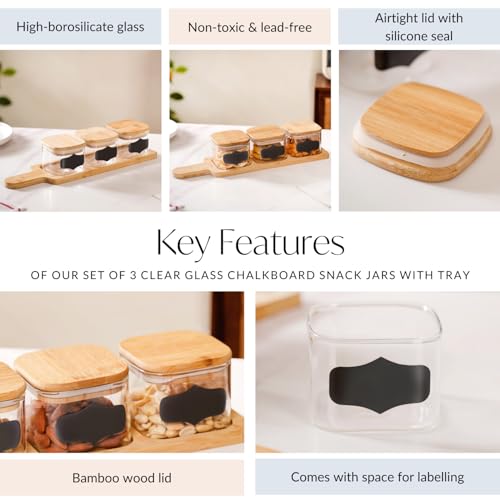 Image of Nestasia Set of 3 Clear Glass Square Snack Serving Jars with Tray | Containers for Stylish Snack Presentation, Organization and Gifting Purposes (350ml)