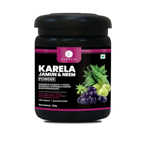 Image of GLOWSIK Karela Jamun Neem Powder with 11 Potent Herbs | Natural Sugar Management & Cholesterol Support | 100% Ayurvedic Detox Powder - 400 GMS
