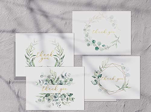 Amnadof 100 Eucalyptus Gold Foil Thank You Cards Bulk - Blank Note Cards With Greenery Envelopes – Include Stickers, Perfect For Wedding,Baby Shower, Bridal Shower And All Occasions #TOP5
