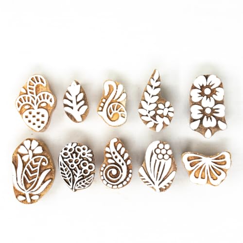 Image of Hashcart Wooden Indian Traditional Design Printing Stamps / Blocks for Printing Saree Border / Dresses / Craft Card Making / Scrapbook / Clay Pottery (Set of 10)