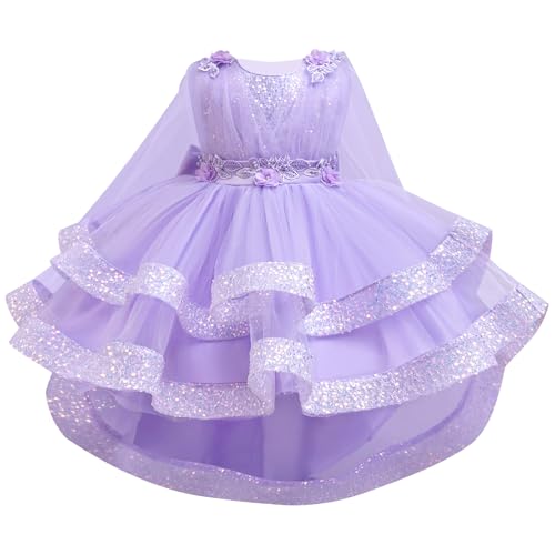 ABEHIK Girls Sequin Dresses with Mesh Sleeveless Poncho Dress for Party Flower Girl Tulle Birthday Wedding Dress Purple 110cm