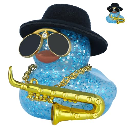 FINEED Saxophone Rubber Ducks, Blue Glitter Rubber Duck Car Dashboard Decor with Mini Top Hat, Sunglasses, Gold Necklace & Saxophone, Funny Squeaky Duck Ornament for Car, Home, Desk Gift