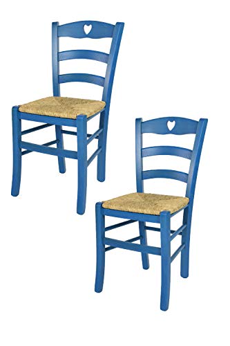 t m c s Tommychairs - 2er Set Stühle Cuore für Küche und Esszimmer, Robuste Struktur aus Buchenholz, in Anilinfarbe Blau lackiert und Sitzfläche aus Stroh