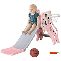 AIYAPLAY Kids Slide, 3 in 1 Freestanding Toddler Slide with Basketball Hoop, Climber, Basketball, Indoor Outdoor Tiger-Themed Playset for Ages 18-36 Months, Pink