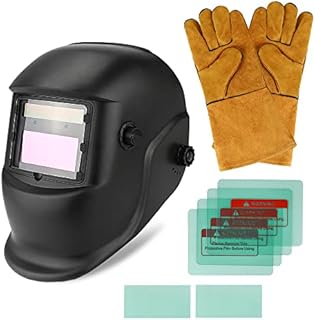 Welding Helmet Auto Darkening Solar Powered Welder Helmet with 6 Replacement Lens + Welding Gloves, Adjustable Shade 4/9-13 for TIG MIG ARC Weld Grinding, Welding Mask Hood Helmet