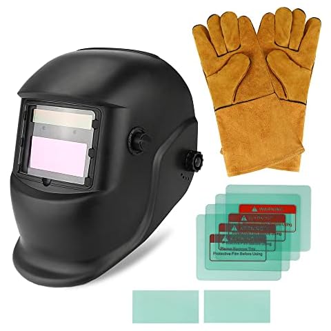Welding Helmet Auto Darkening Solar Powered Welder Helmet with 6 Replacement Lens + Welding Gloves, Adjustable Shade 4/9-13 for TIG MIG ARC Weld Grinding, Welding Mask Hood Helmet Cover
