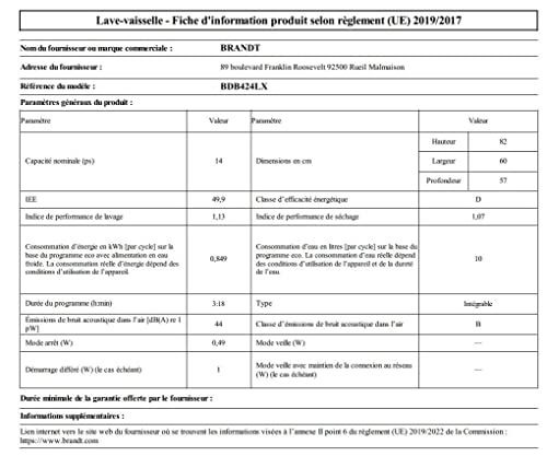 BRANDT Lave vaisselle intégrable 44 dB 14 couverts bandeau inox BDB424LX - vue 5