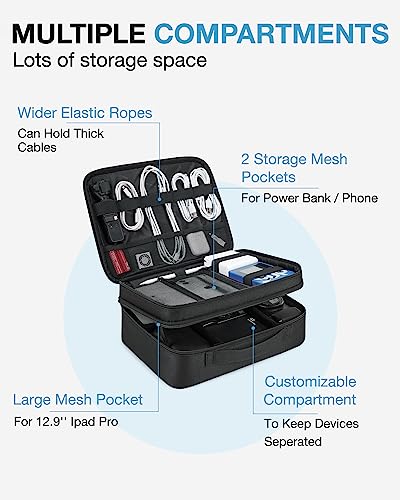 bagsmart Extra Large Double Layer Portable Travel Cable Organiser Bag Electronics Accessories Storage Case for Charger, Adaptors, Kindle, Hard Drives (Black-Lightweight)