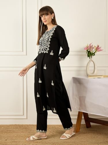 Image of INDO ERA Women's Viscose Rayon Floral Embroidered Straight Calf Length Kurta & Pant Set (IEAI11741)