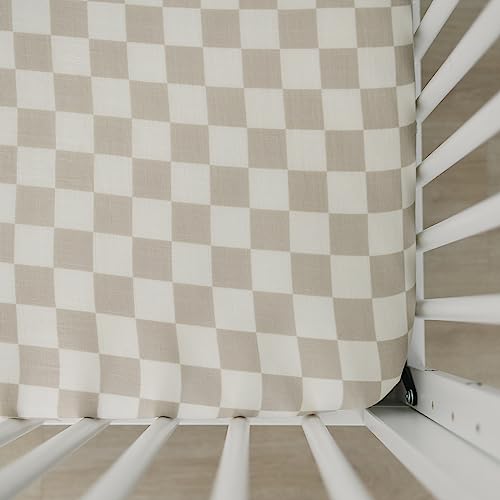 Image of Taupe Checkered Muslin Crib Sheet by Mebie Baby, Soft and Breathable Bed Sheets for Babies, Modern Neutral Bedding for Cribs, Standard Crib Mattress Fitted Sheet, Great for Boy or Girl Room or Nursery