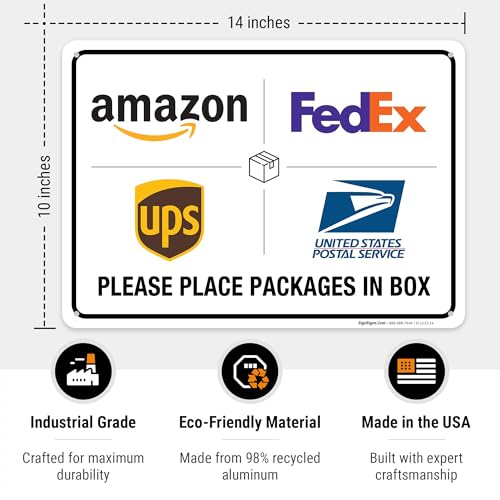 Image of Package Delivery Sign, Please Leave Packages Here Sign, FedEx, Amazon, UPS, USPS, 10x14 Inches, Rust Free .040 Aluminum, Fade Resistant, Made in USA by Sigo Signs