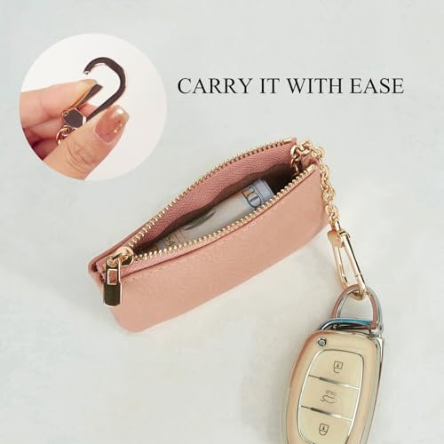 Image of Full Grain Leather Coin Purse with Key Chain - Small Change Purse Keychain Card Holder Keychain Pouch Small Keychain Wallet for Women and Men (Pink)