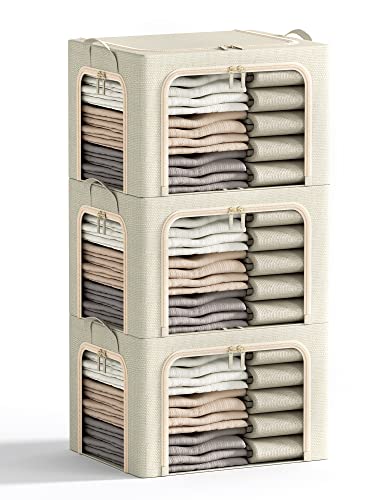 3 Openings Clothes Storage Bins with Metal Frame, Foldable Storage Bin for Clothes, Clothing Storage Bins with Lid, Linen Storage Box With Clear Window＆ Zippers＆ Durable Handles.(3 Pcs,Beige,40L)
