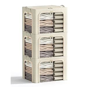 3 Openings Clothes Storage Bins with Metal Frame, Foldable Storage Bin for Clothes, Clothing Storage Bins with Lid, Linen Storage Box With Clear Window＆ Zippers＆ Durable Handles.(3 Pcs ,Beige,40L)