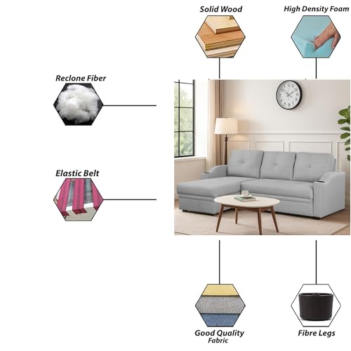 Image of Casaliving Ravonna LHS 4 Seater L Shape Corner Sofa Cum Bed for Living Room (Grey Fabric) Premium Fabric Sofa