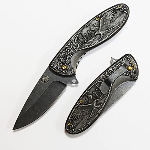OEEK Folding Blade Knife Eagle Engraved Collection Knife