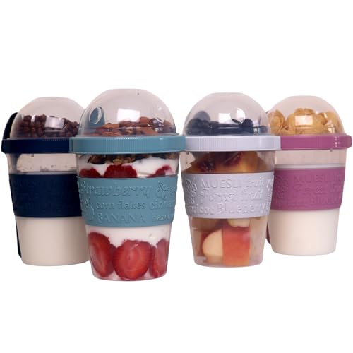 Salda 4 Pack 20 oz Breakfast On the Go Cups, Take and Go Yogurt Cup with Topping Cereal Cup with spoon, Overnight Oats or Oatmeal Container Jar, Colorful Set of 4