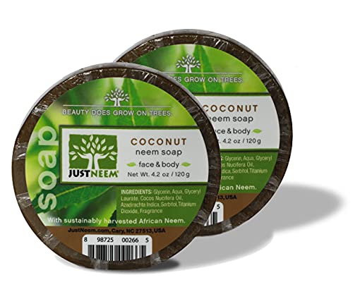 justneem Neem Soap - 2 Pack - Coconut - Face & Body - Glycerin & Coconut Oil - Relieves Dryness, Maintains Healthy Skin - 4.2oz