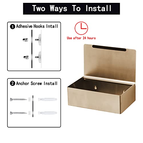 Yrong Adhesive Toilet Paper Holder With Shelf And Storage, Wall Mount Toilet Paper Roll Holder & Flushable Wipes Dispenser Set Fits Any Bathroom, Stainless Steel Tissue Holder-Round, Gold #TOP4