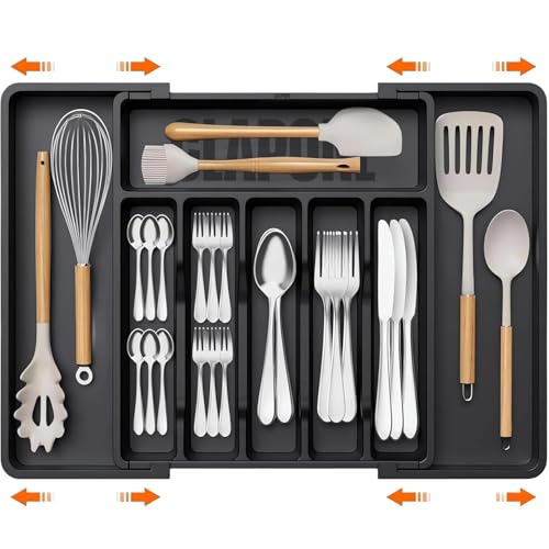 Image of Drawer Organizer Tray /Kitchen Expandable Utensil Tray /Adjustable Utensil Organizer /Cutlery Silverware Flatware Holder /Divider for Spoons Forks Knives Tableware (Black, 1 Pcs)