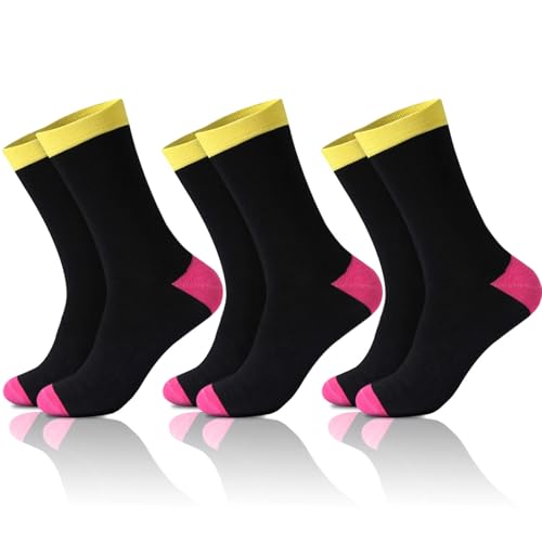 NKMOOS Color Block Women's Black Crew Socks Size 7-9,Thin Black Socks for Women Crew Cotton Blend,Fashion Funny Retro Soft Cozy Casual Everyday Breathable Gifts for Women Yellow Pink Sock 3 Pairs
