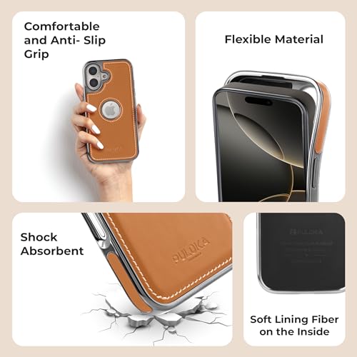 Image of PULOKA Chrome Leather Back Case - Compatible with iPhone 16 - Luxury Bumper Case - Flexible Vegan Leather - Electroplated Sides & Logocut - Full Camera Protetection & Raised Edges - TAN