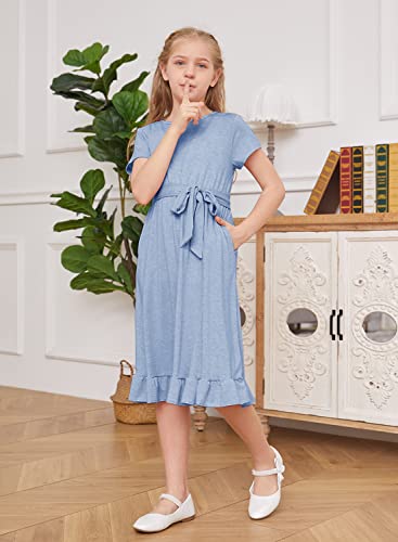 Mitilly Girls Summer Crewneck Short Sleeve A-Line Ruffle Casual Midi Dress With Pockets 12 Years Light Blue #TOP5