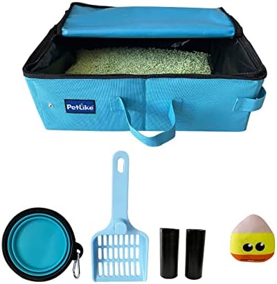 PetLike Travel Cat Litter Box, Leak-Proof Portable Litter Box, Collapsible Toilet Tray Carrier for Small Medium Cats (Medium, Aqua Set)