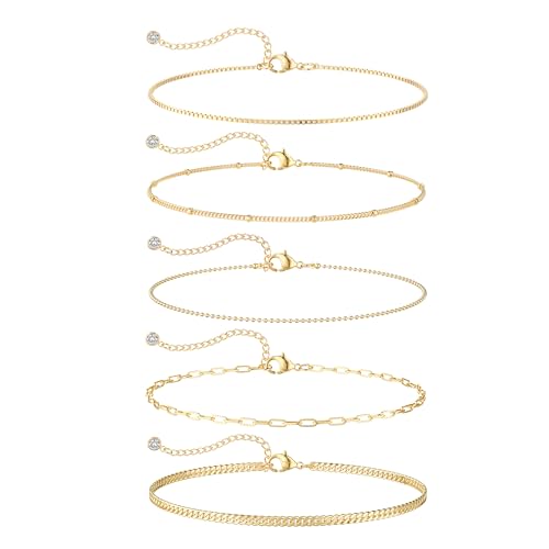 Image of Ankle Bracelets for Women, Silver Layered Glitter Waterproof Anklet for Women 14K Gold Plated Anklets Sterling Silver Layered Moon Pendant Anklet Summer Beach Waterproof Anklet for Women