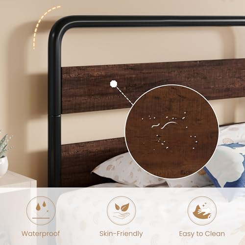 Image of SHA CERLIN Twin Size Metal Bed Frame with Wooden Headboard, Mahogany