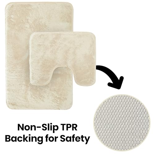 Olivia Rocco 2-teiliges Badematten-Set, extra weich, pflegeleicht, Plüsch-Badteppich + WC-Vorleger, super saugfähig, rutschfest, Badematte für Badezimmer, WC, Dusche, cremefarben – Bild 5